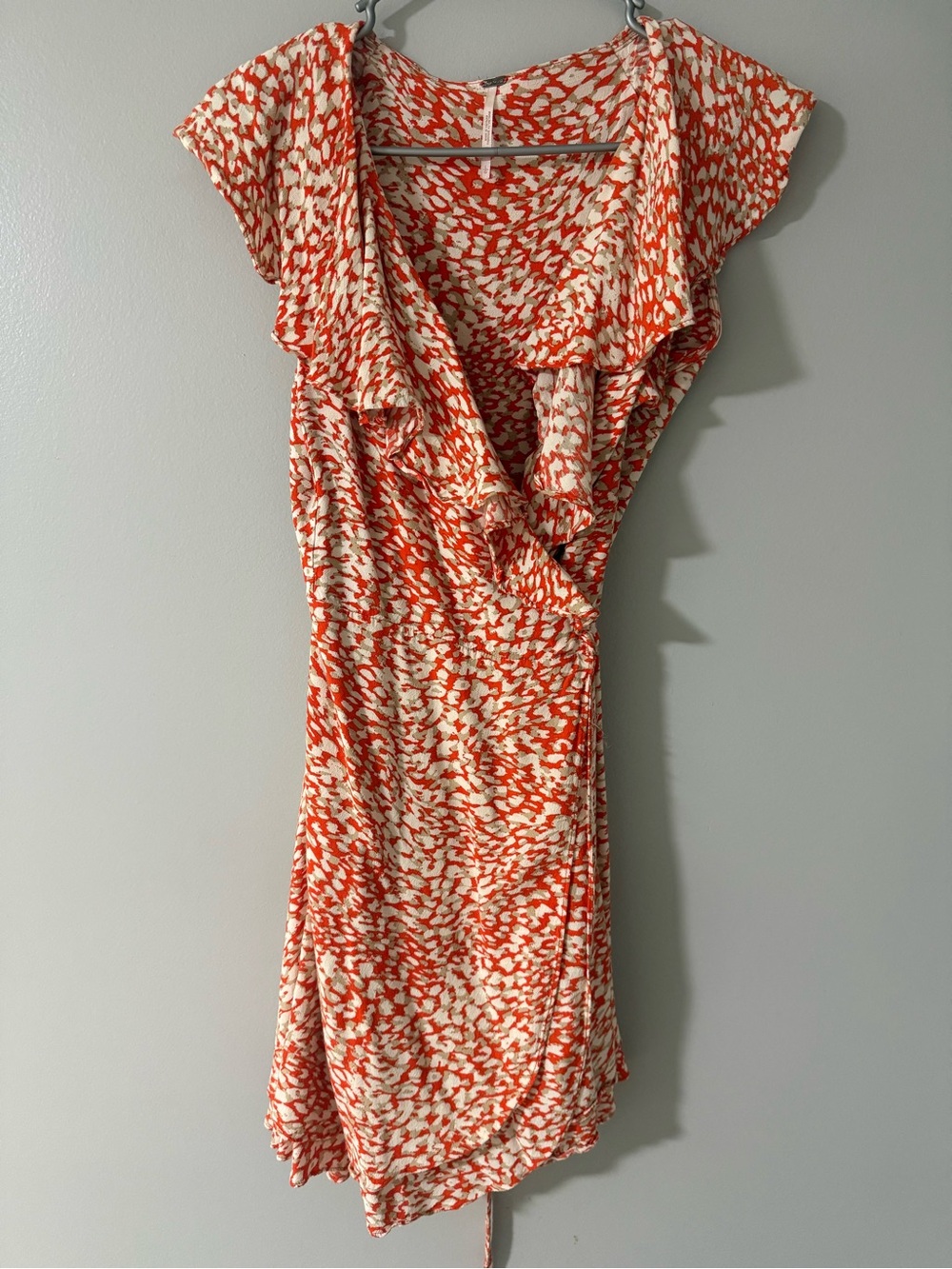 Free People Orange and Cream Printed Ruffle Wrap Mini Dress
